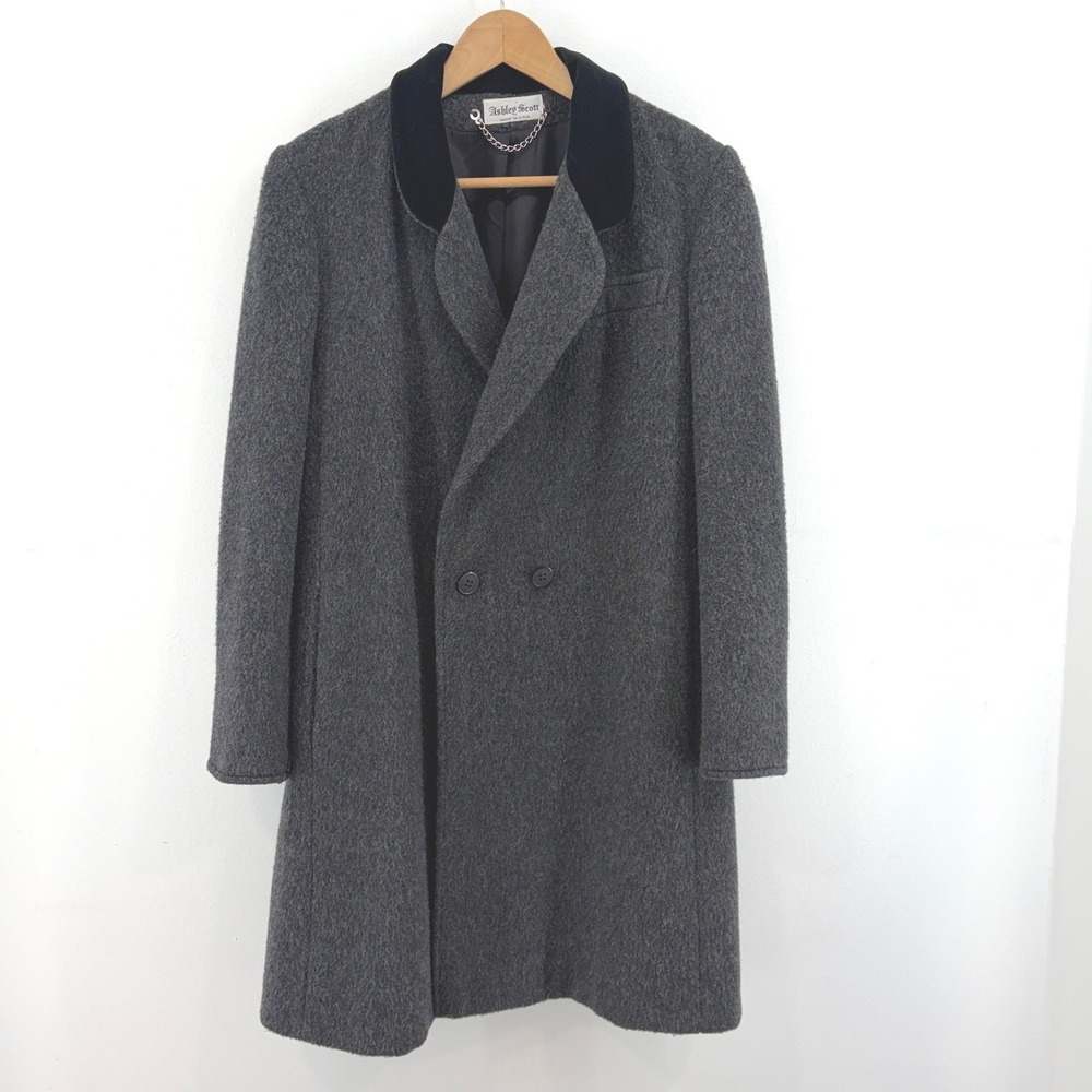Ashley Scott Vintage 90s 100% Wool Trench Coat Velvet Collar Gray USA Gothic Med